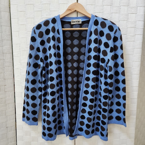 Vintage San Remo Cardigan Blue & Black Dots Women's OS - Picture 2 of 5